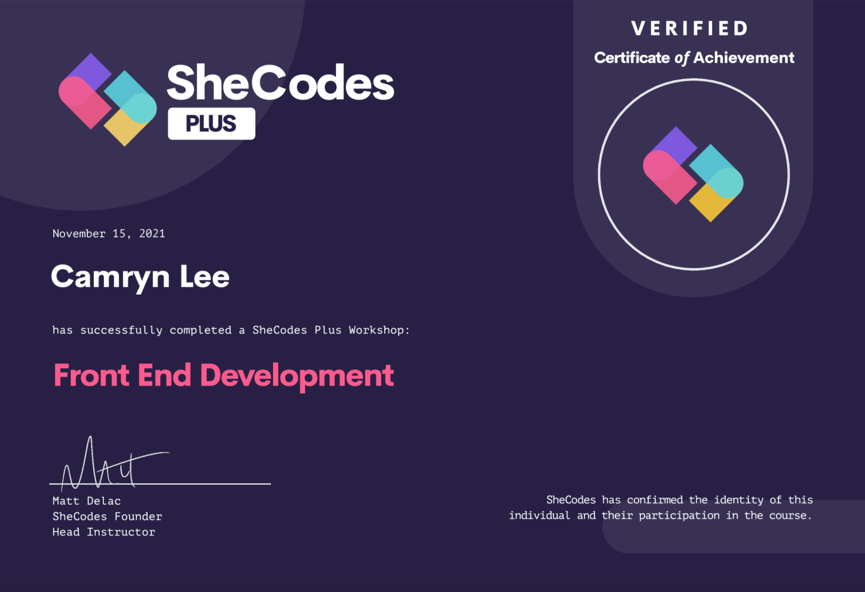 SheCodes Plus certificate