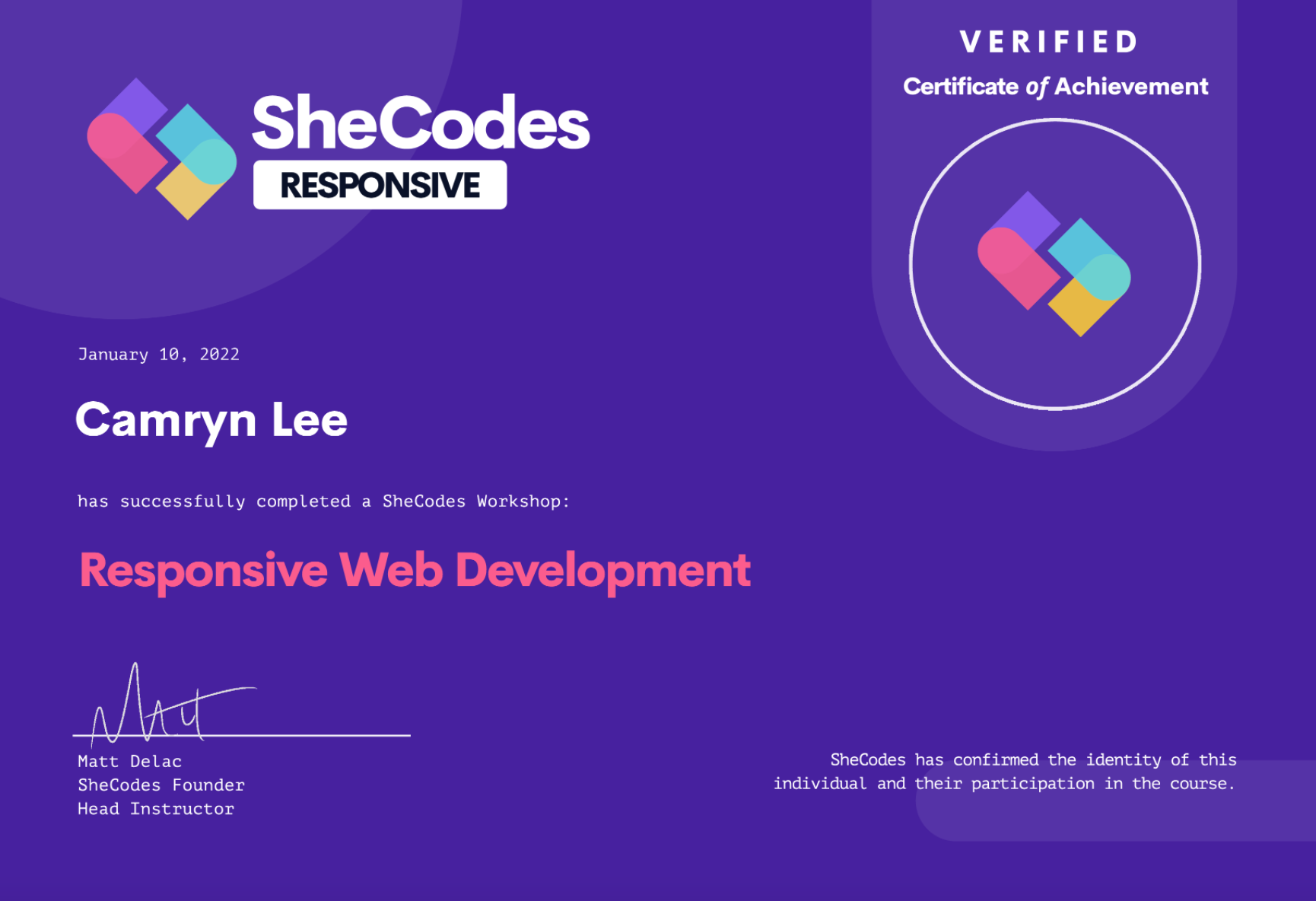 SheCodes Responsive certificate